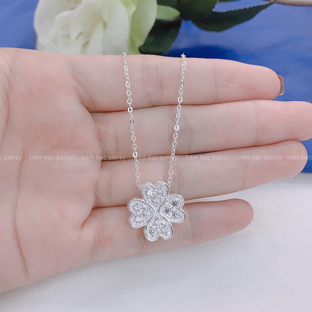 Dây chuyền bạc nữ PANSY mặt cỏ 4 lá đính đá, vòng cổ nữ cỏ may mắn bằng bạc thật