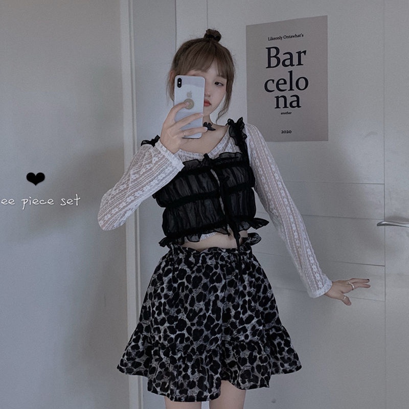 Jiashucheng Bộ Áo Ren Dài Tay + Chân Váy In Họa Tiết Da Báo Phong Cách Mới Cho Nữ