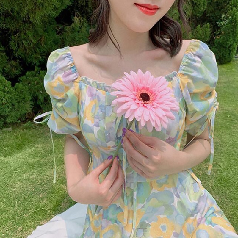 Đầm Chữ a Cổ Vuông Tay Ngắn Eo Cao In Họa Tiết Hoa Phong Cách Pháp Thời Trang Mùa Hè Mới Cho Nữ