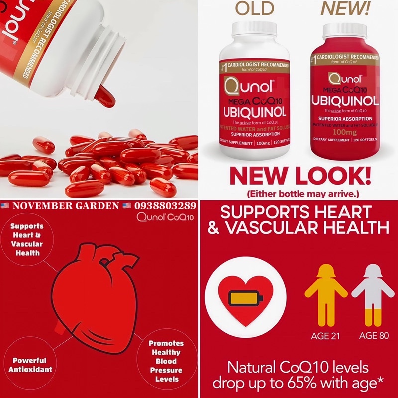Viên uống bổ tim, điều hoà huyết áp Qunol Mega CoQ10 Ubiquinol 100mg hộp 120 viên