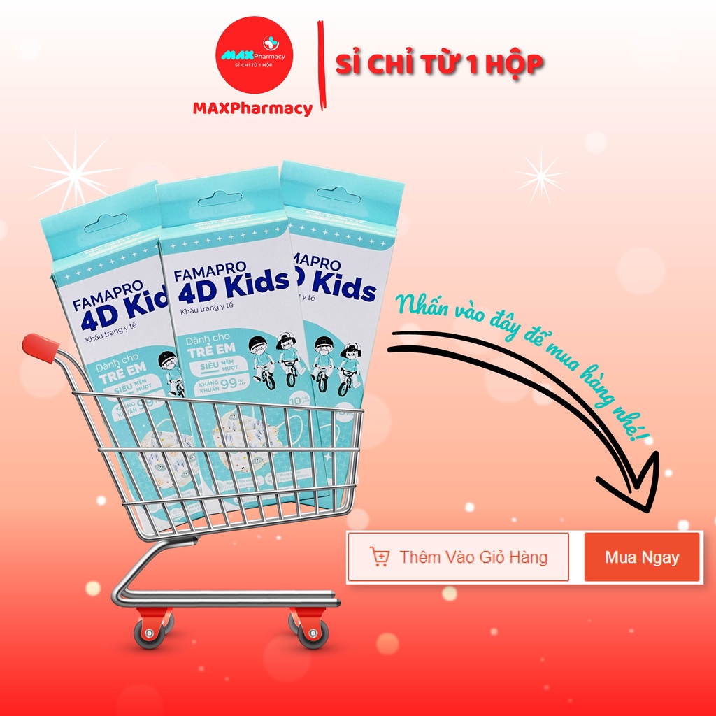 COMBO 10 HỘP Khẩu trang y tế kháng khuẩn cho bé FAMAPRO 4D kids bé từ 4-10 tuổi