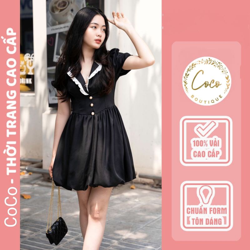 Váy đen cổ vest viền trắng phong cách trẻ trung, năng động, lịch sự