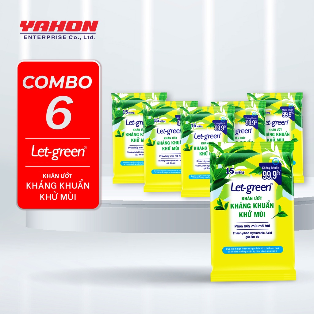 Combo 6 Gói Khăn Ướt Kháng Khuẩn Khử Mùi LET-GREEN 15 Miếng/Gói