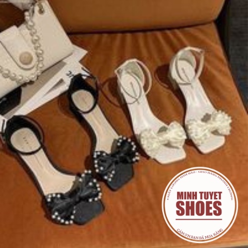 Giày sandal gót vuông Minhtuyetshoes mũi hở- Giày cao gót tiểu thư thắt nơ đính ngọc châu xinh xắn mẫu mới hè 2022 mã SD
