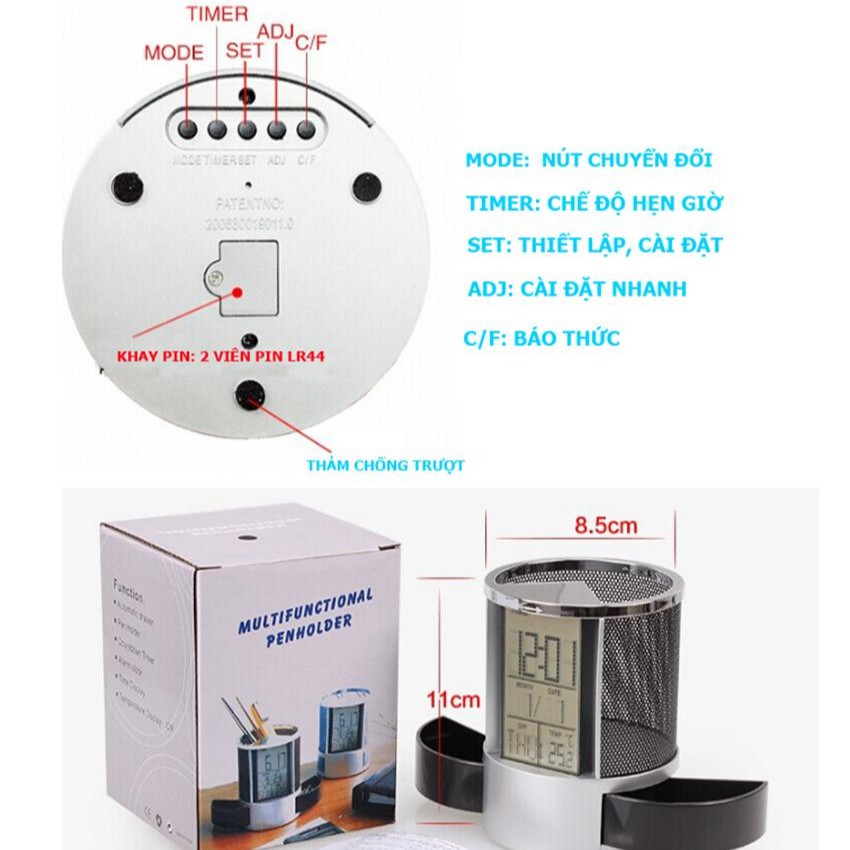 Hộp đựng bút có màn hình hiển thị thời gian và nhiệt độ và đồng hồ báo thức tiện dụng