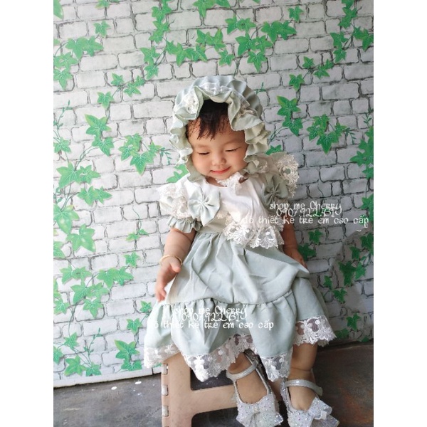 Đầm lolita xanh công chúa❤️ FREESHIP ❤️ Váy trẻ em thiết kế độc đáo(kèm mũ,chip) size ss - 16kg