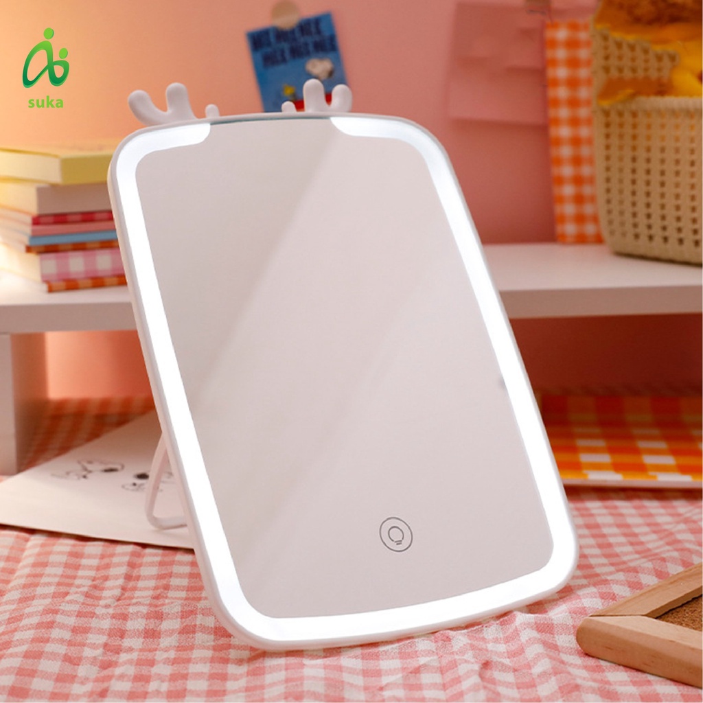 Gương để bàn chữ nhật có đèn led, gương makup trang trí tai tuần lộc dễ thương