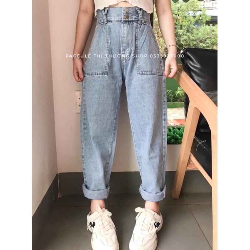 Quần Baggy Jeans Lưng Cao 2 Nút 2 Túi Đắp 💰