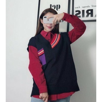 Set áo gile len + sơ mi IU Ulzzang màu đỏ đô - A421