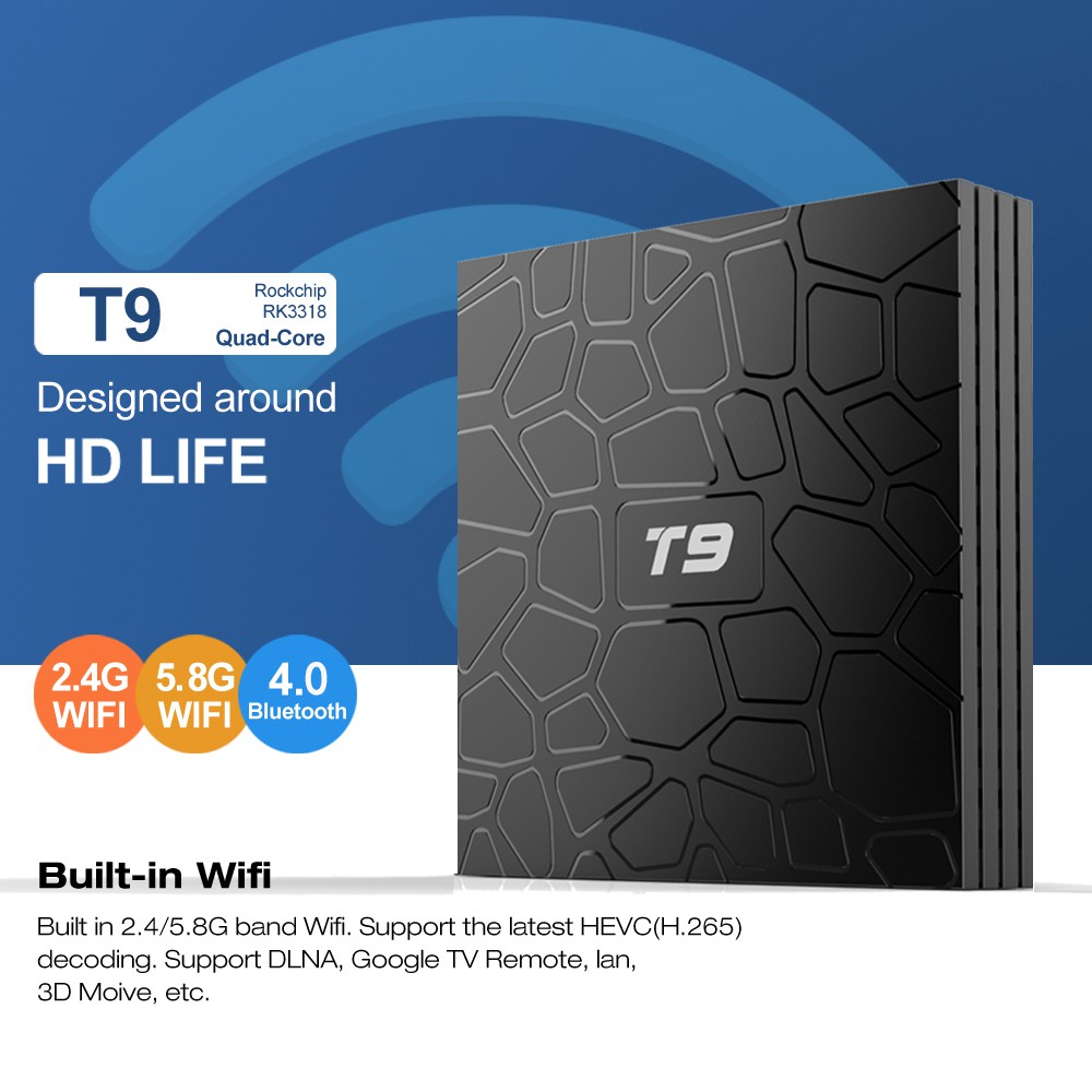 Android Tivi Box T9 - Android 9.0 - Chip RK3318 - Ram 2GB/4GB - Rom 16GB/32GB/64GB - Xem phim 4K - Bluetooth4.0