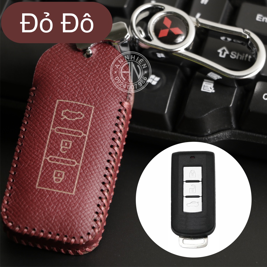 Bao da móc khoá bọc ốp chìa khóa xe ô tô Mitsubishi Attrage, Outlander, Pajero, da bò, nhiều màu, khâu thủ công Mitsu2