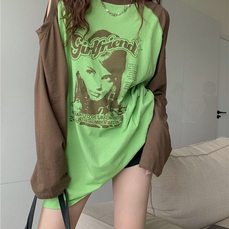 Jiashucheng Áo Thun Nữ Dài Tay Khoét Vai Thời Trang Hàn Mới