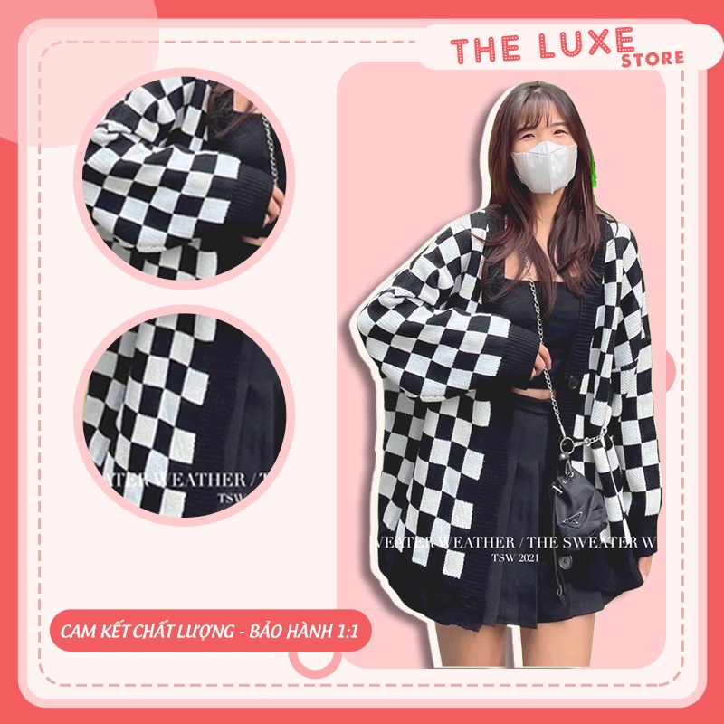 Áo cardigan len họa tiết sọc caro, Áo khoác len nữ thu đông form rộng 100% được may từ len mềm mịn phối màu đen trắng | BigBuy360 - bigbuy360.vn