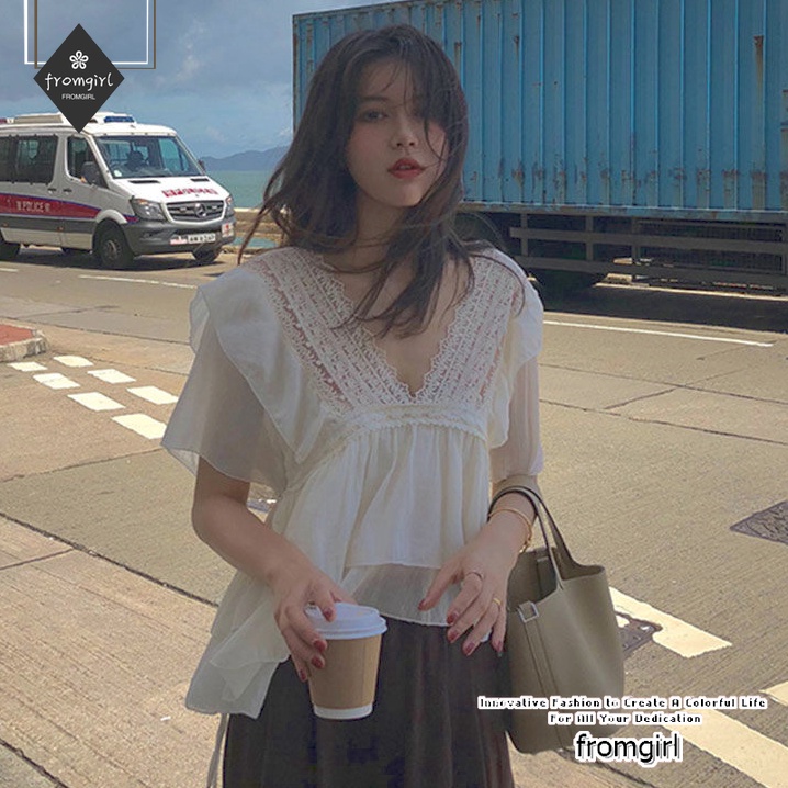 Áo Sơ Mi Voan Tay Ngắn Cổ Chữ v Dáng Rộng Phối Ren Thời Trang Hàng Mới 2022