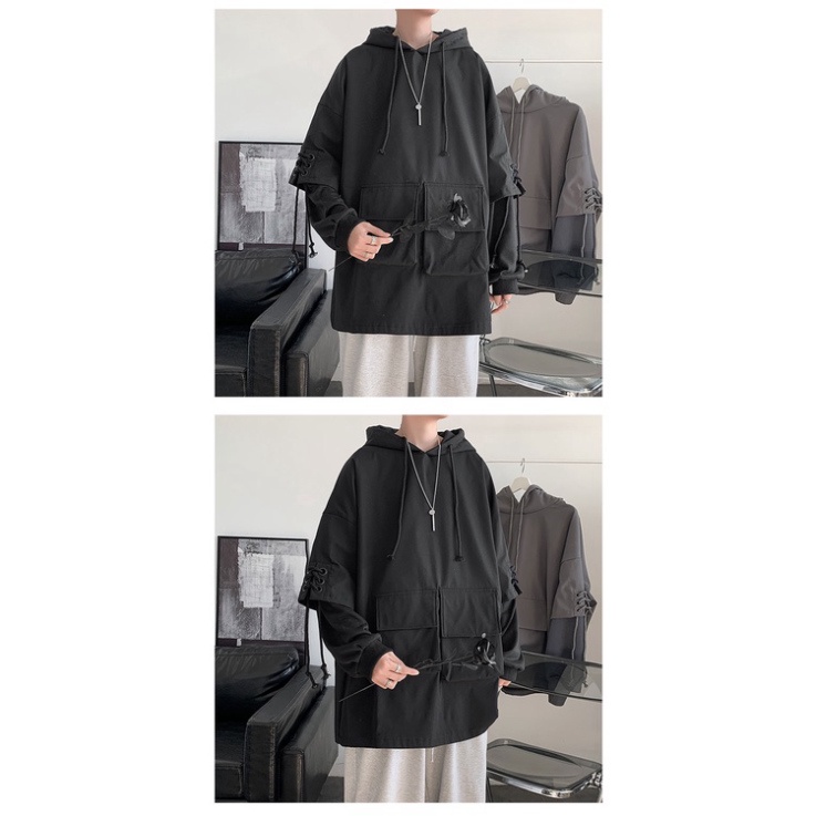 Áo hoodie tay nối đan dây full đen túi hộp unisex nam nữ hip hop Châu Âu