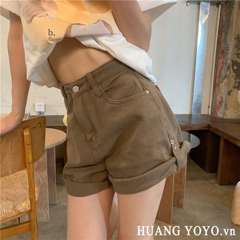 HUANG YOYO Quần Short jeans Lưng Cao Ống Rộng Thời Trang Cho Nữ
