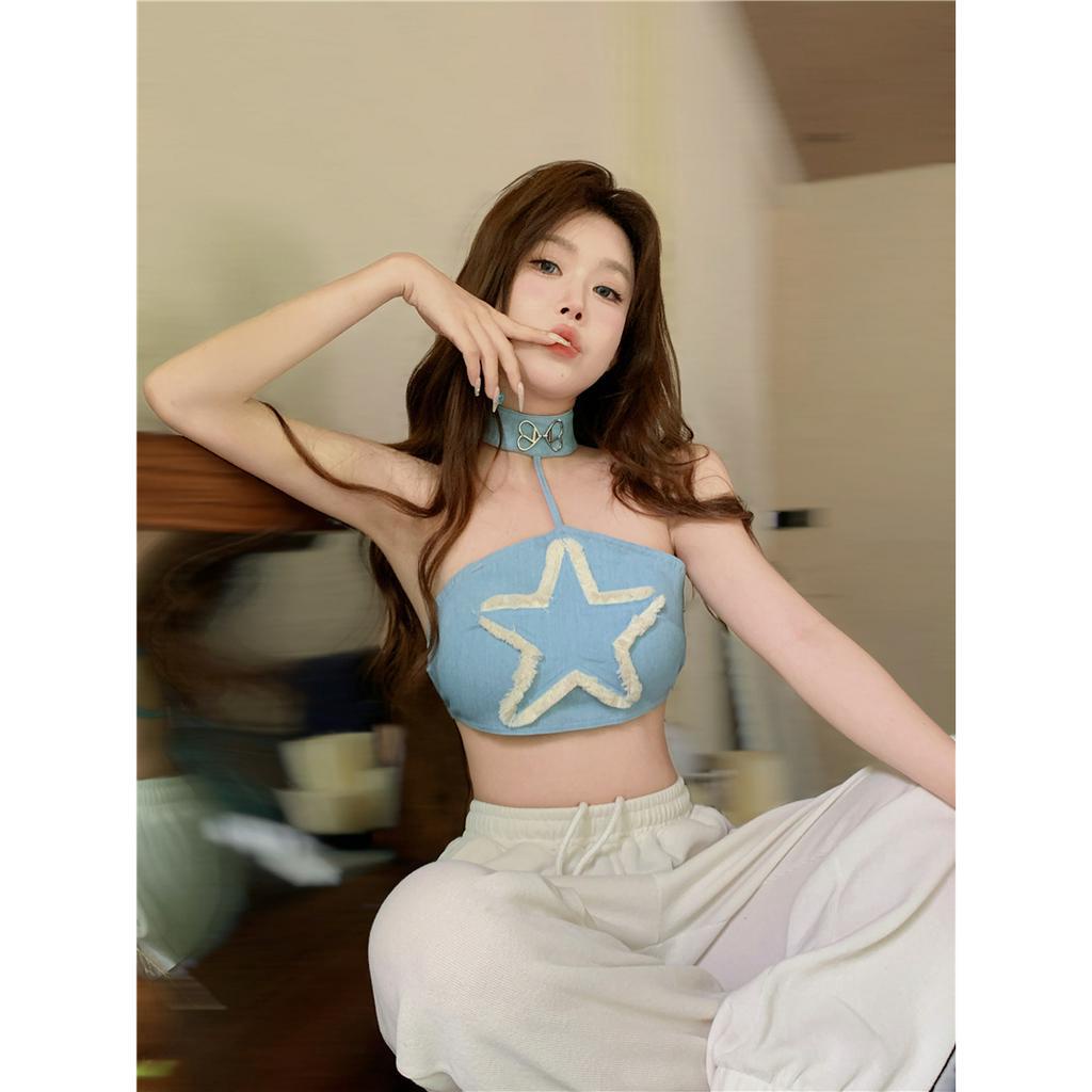 Áo croptop Denim Sát Nách Cột Dây Thời Trang Quyến Rũ Cho Nữ
