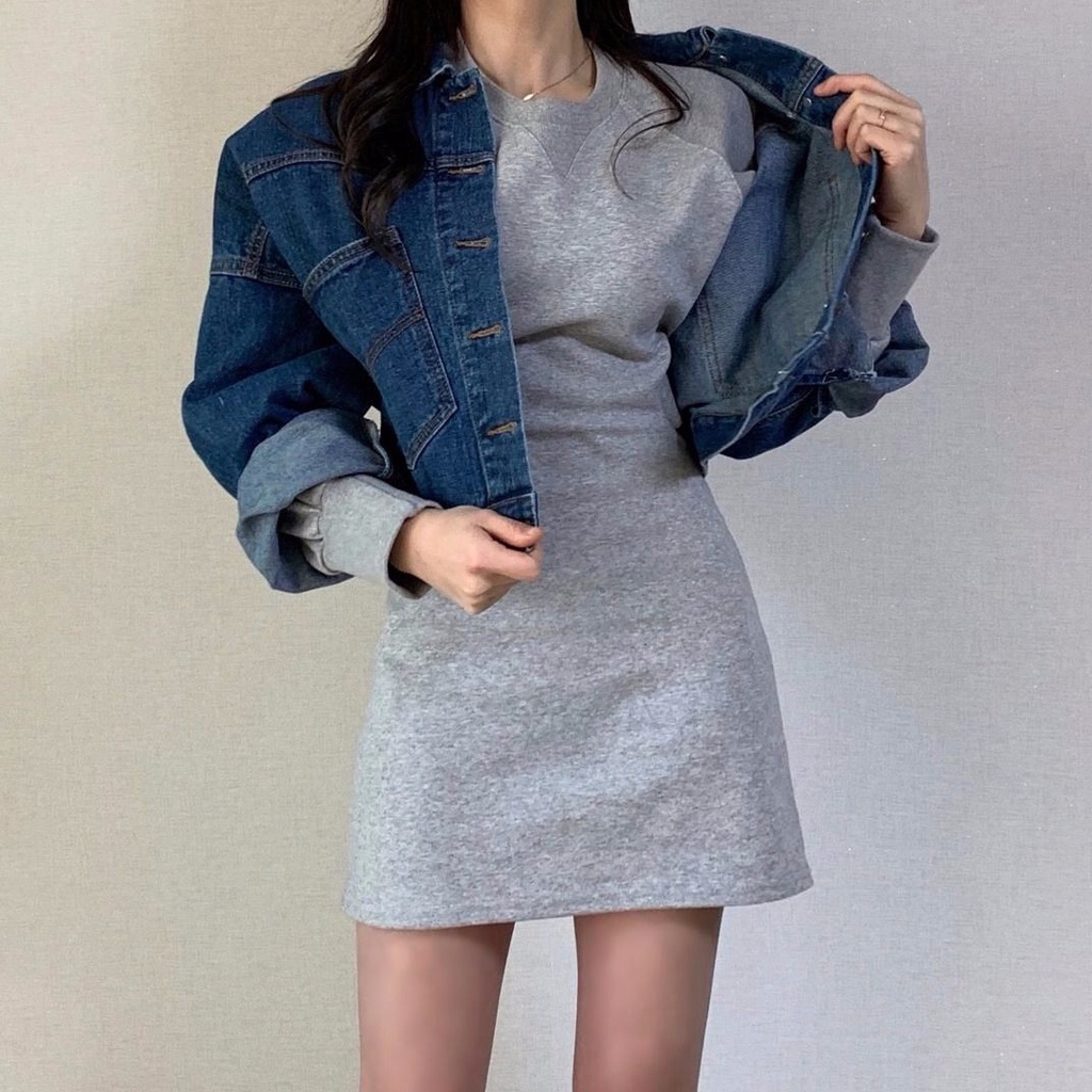 Set Áo Sweater Tay Dài Cổ Tròn Dáng Ôm Phối Chân Váy Lưng Cao Kiểu Retro Hàn Quốc Thời Trang Mùa Thu Cho Nữ