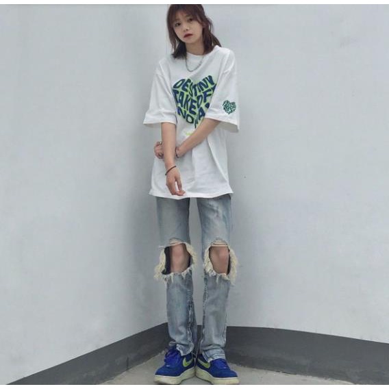 Quần jean nữ dáng dài phối rách gối thời trang cá tính