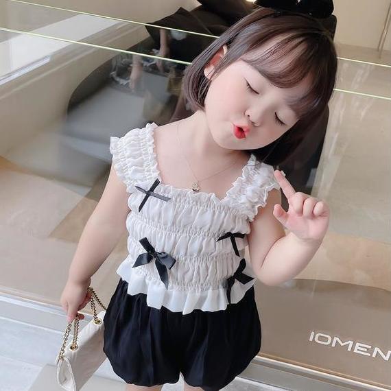 Áo voan không tay đính nơ+quần đùi thời trang hè Hàn Quốc cho bé gái