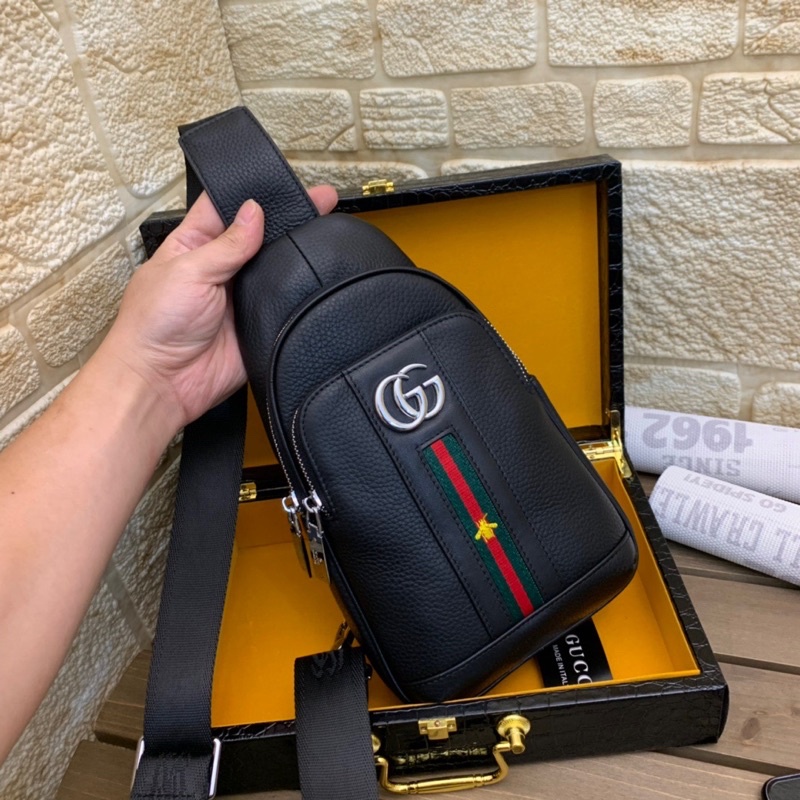 Túi đeo chéo nam da thật cao cấp thương hiệu Gucci GC bản logo kim loại hàng vip 1-1