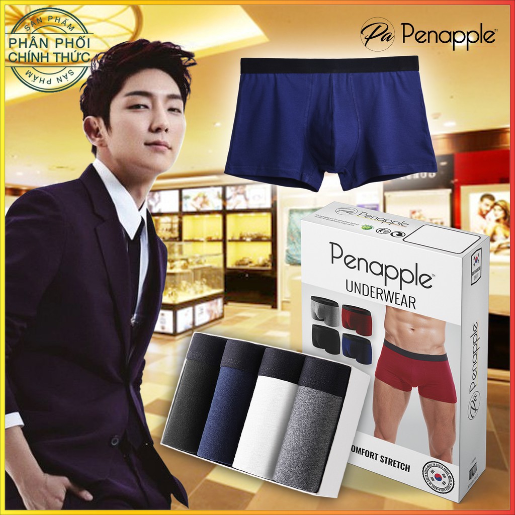 [PENA0808  GIẢM 10%] MADE IN KOREA - 1 Hộp 4 QUẦN LÓT BOXER COTTON HÀN QUỐC - MỀM MẠI - 4 MÀU (ĐEN XANH XÁM TRẮNG)