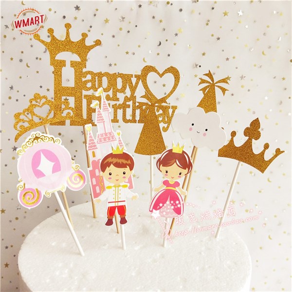 Phụ kiện trang trí bánh sinh nhật_Set HPDB công chúa hoàng tử + lâu đài hồng