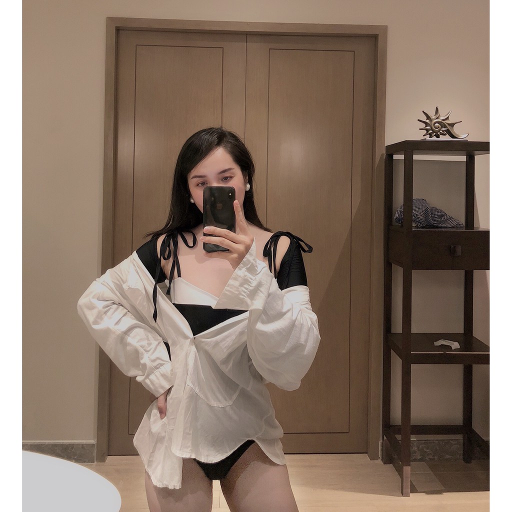 Bikini bodysuit dài tay che nắng đen viền trắng Đồ bơi nữ liền thân che bụng - LDT ĐEN VIỀN TRẮNG | BigBuy360 - bigbuy360.vn