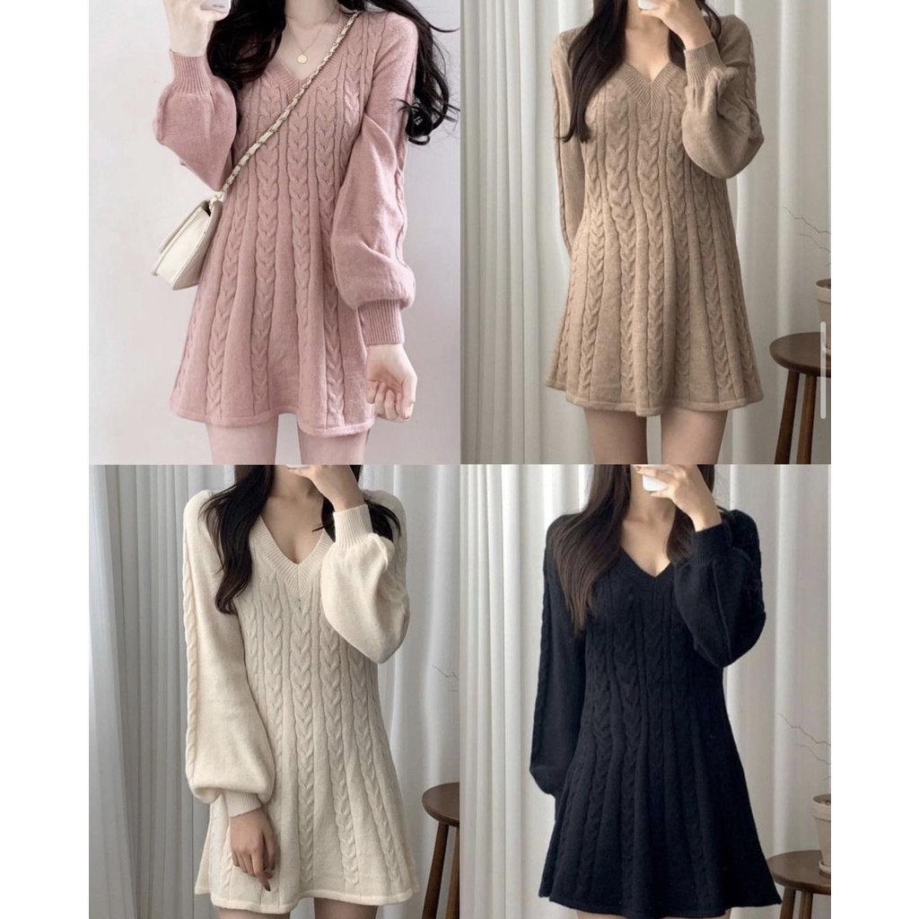 Váy len vặn thừng cổ V, Váy len nữ dầy dặn mùa đông Ullzang hàng Quảng Châu - Dorita Boutique