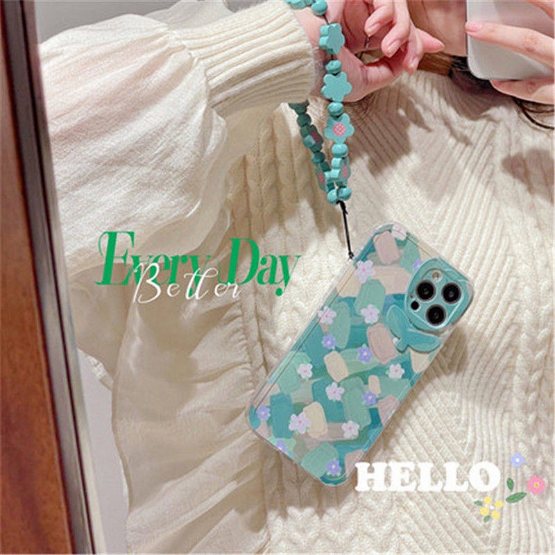 Green Oil Painting Flower Iphone13/12pro Apple 11/XR Phone Case Xs/Max Chain 7/8Plus Female BEtx