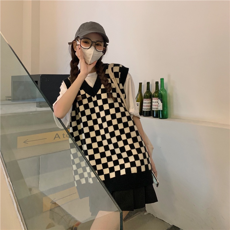 Áo len không tay cổ chữ V dáng rộng họa tiết sọc ca rô phong cách retro  | BigBuy360 - bigbuy360.vn