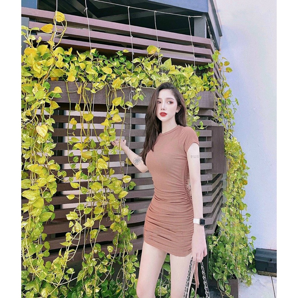 [HOT]Đầm body thun dày mịn ngắn tay cổ tròn rút dây hông BG221120