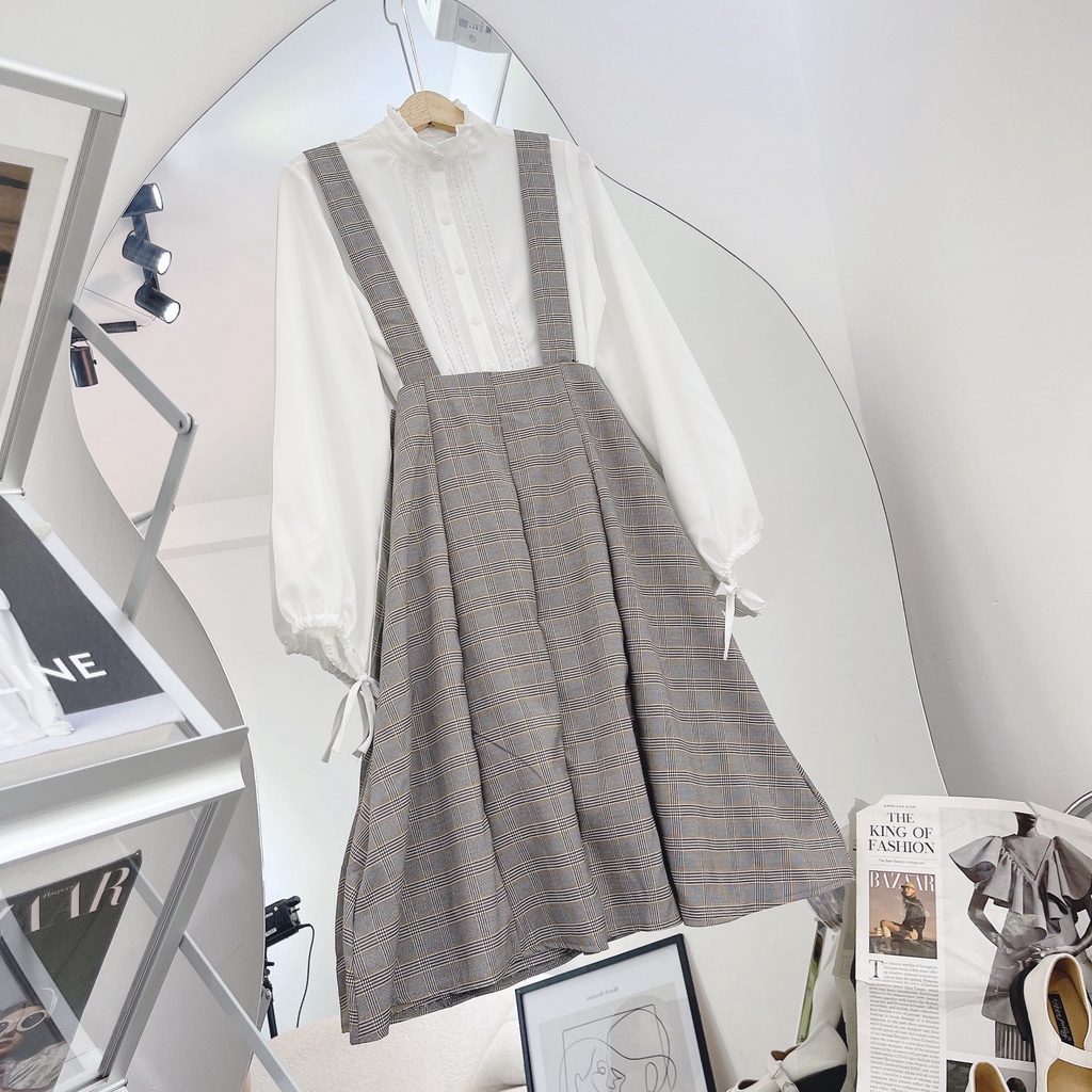 SET YẾM ĐAN DÂY RUY BĂNG CARO LƯNG + ÁO TRẮNG ANGI HOME