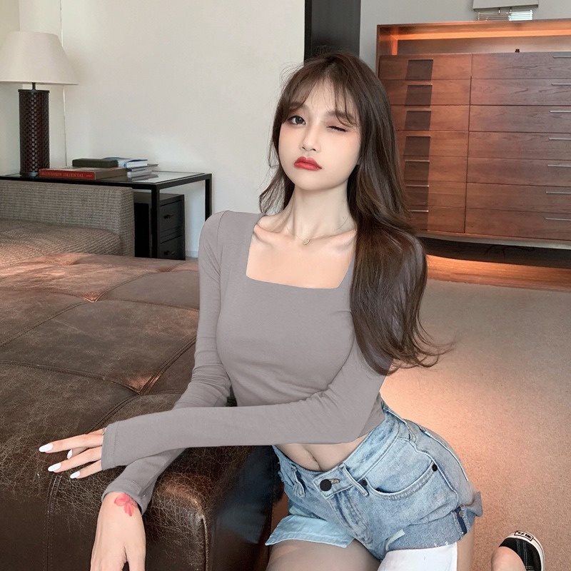 Áo Croptop Nữ Tay Dài Cổ Vuông Boniface Áo Thun Dữ Nhiệt Thu Đông Cổ Vuông Dáng Ôm Body