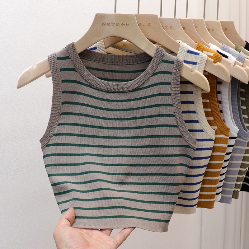 Korean Fashion Striped Crew Neck Knit Sleeveless Tank Top