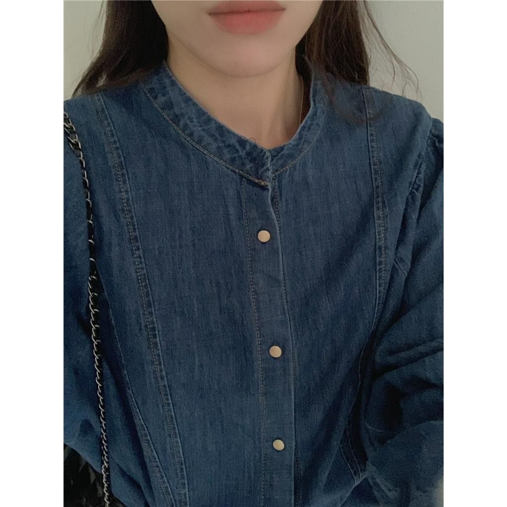 Áo Sơ Mi denim Tay Dài Cổ Đứng Phối Nút Kim Loại Phong Cách retro 67785