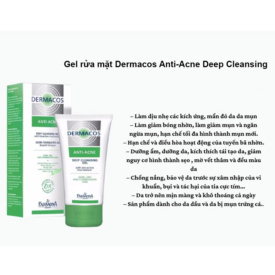 Sữa rửa mặt Famona Dermacos Anti Acne Deep Cleansing Gel 150ml giúp kiểm soát dầu, ngừa mụn