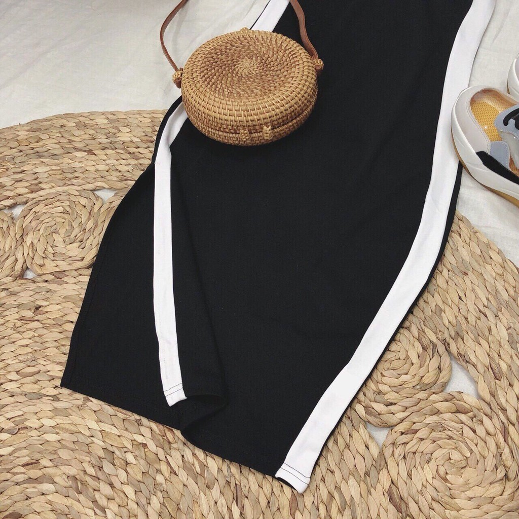 ĐẦM BODY XẺ TÀ CỔ TRỤ NÚT VIỀN EO