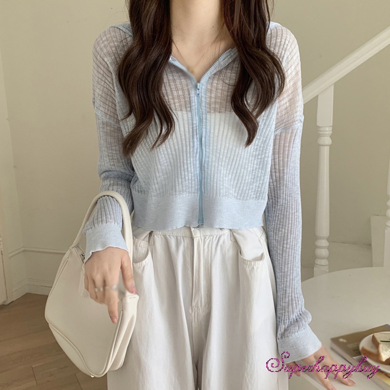 Áo Khoác Cardigan Dệt Kim Chống Nắng Vải Lụa Lạnh Mỏng Xuyên Thấu Có Mũ Trùm Che Nắng Cho Nữ