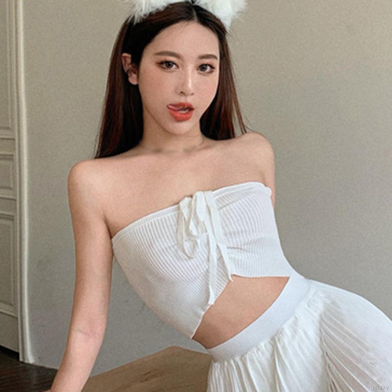 Áo Croptop Dệt Kim Trễ Vai Màu Trơn Phong Cách Hàn Quốc