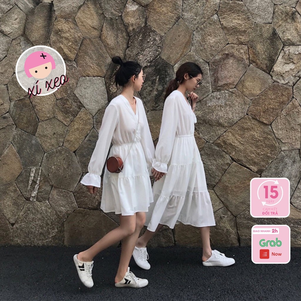 Váy đầm babydoll dáng dài xoè qua gối dự tiệc trắng đen phong cách ulzzang xixeoshop - V2