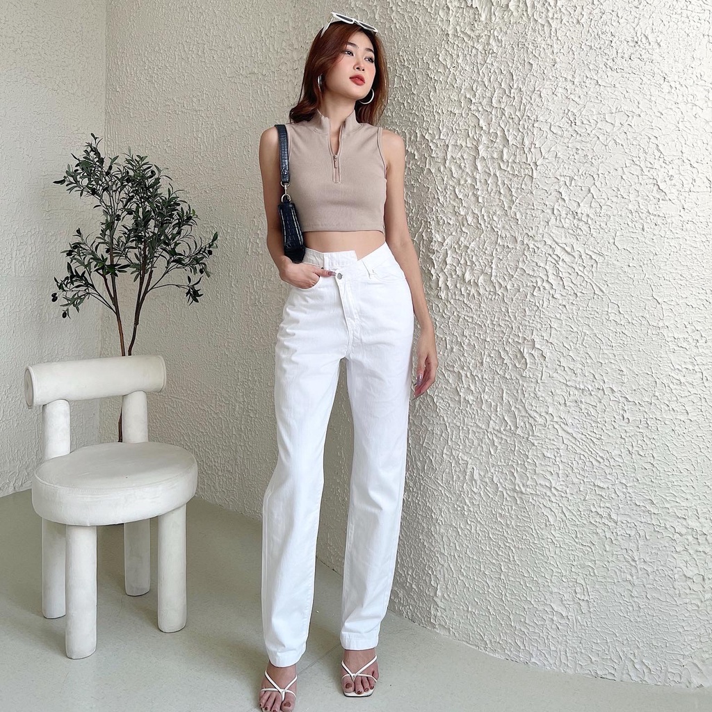 Quần jeans nữ lưng lệch TOPTIFY jeans ống suông lưng lệch cá tính Kerrie Jeans TQJ39