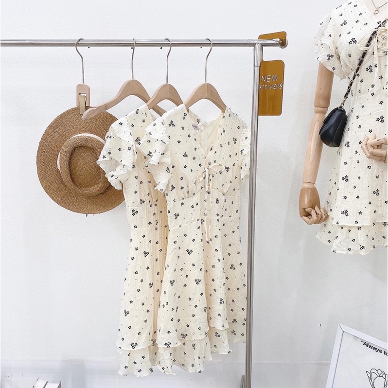 Váy Hoa Nhí Tay Cánh Tiên, Đầm Xoè Hoa Nhí Đũi Mát