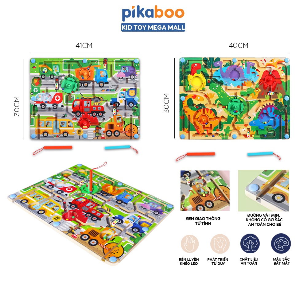 Đồ chơi mê cung khủng long từ tính Pikaboo bằng gỗ an toàn chủ đề khủng long cho bé từ 3 tuổi
