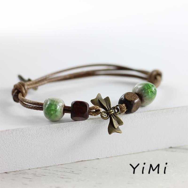 Vòng Tay Dây Bện Phối Hạt Gốm Phong Cách Dân Tộc