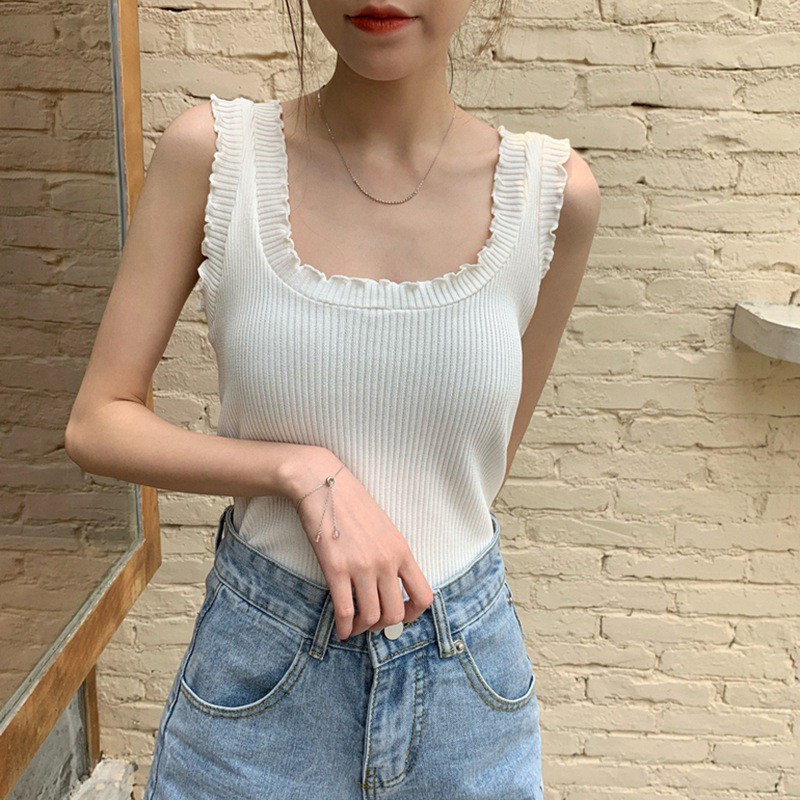 Áo Dệt Kim Sát Nách Màu Trơn Phối Bèo Nữ Tính