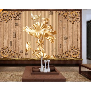 Tranh dán tường Hoa sen vàng khắc giả gỗ tài lộc, tranh dán tường 3d hiện đại (tích hợp sẵn keo) MS634859