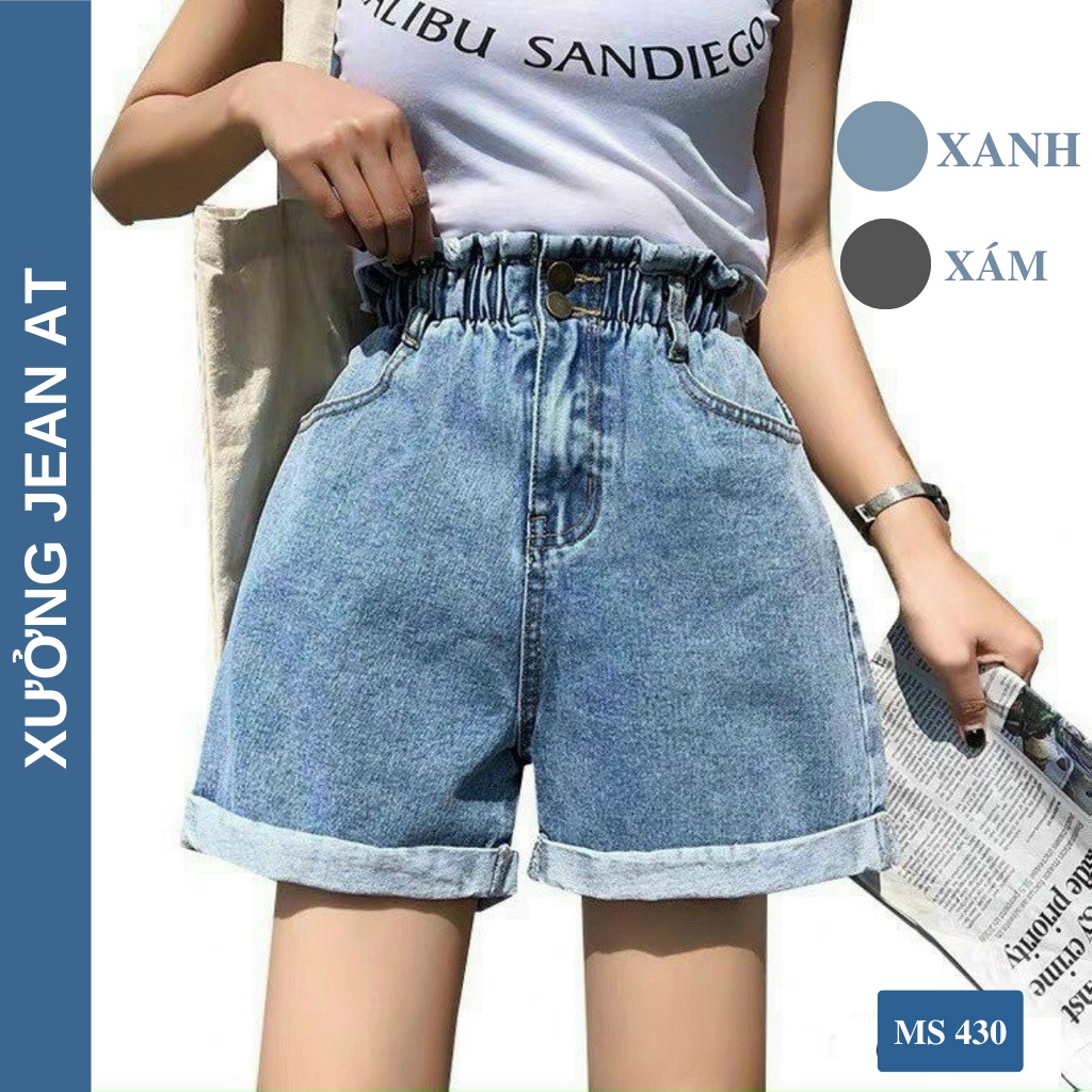 Quần Short Jean Nữ Ống Rộng LƯNG THUN Chất Bò Phối 2 Nút Phong Cách Ulzzang Hàn Quốc 430