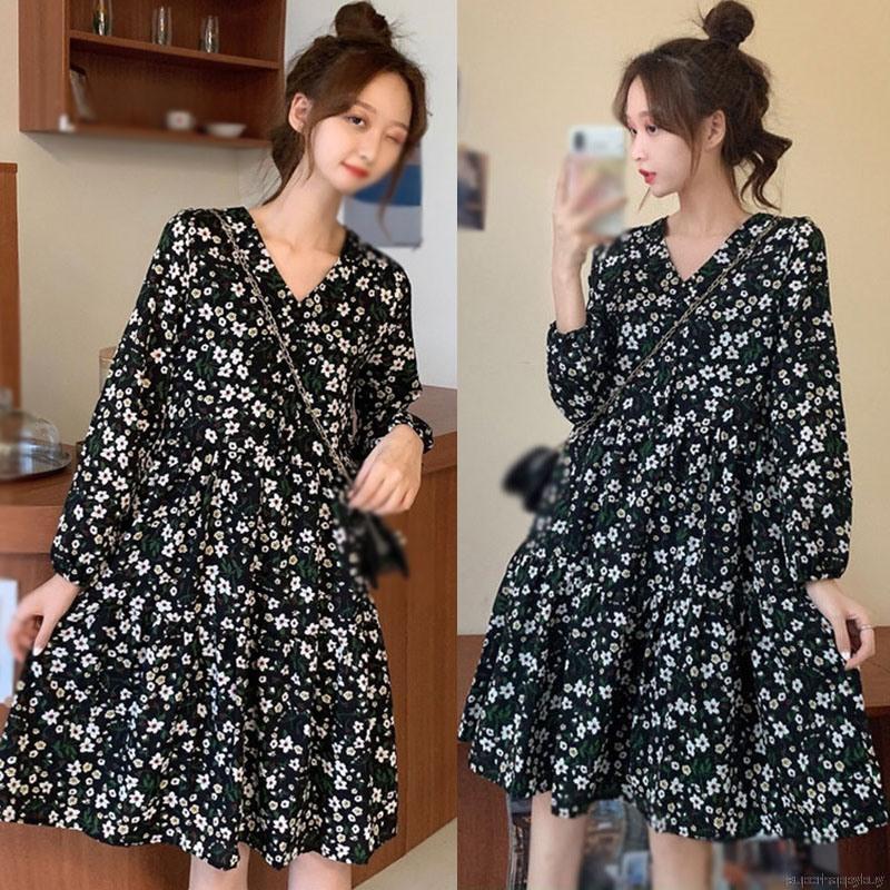 Đầm Tay Dài Lưng Cao Eo Thon Hoạ Tiết Hoa Phong Cách Mùa Thu Cổ điển Giản Dị Cho Nữ