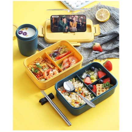 Hộp Đựng Cơm Chia 3 Ngăn Lúa Mạch Giữ Nhiệt Tặng Kèm Đũa Thìa